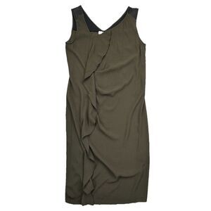 PURE DKNY Front Ruffle Dress Dark Olive Green Leather Trim Size Small